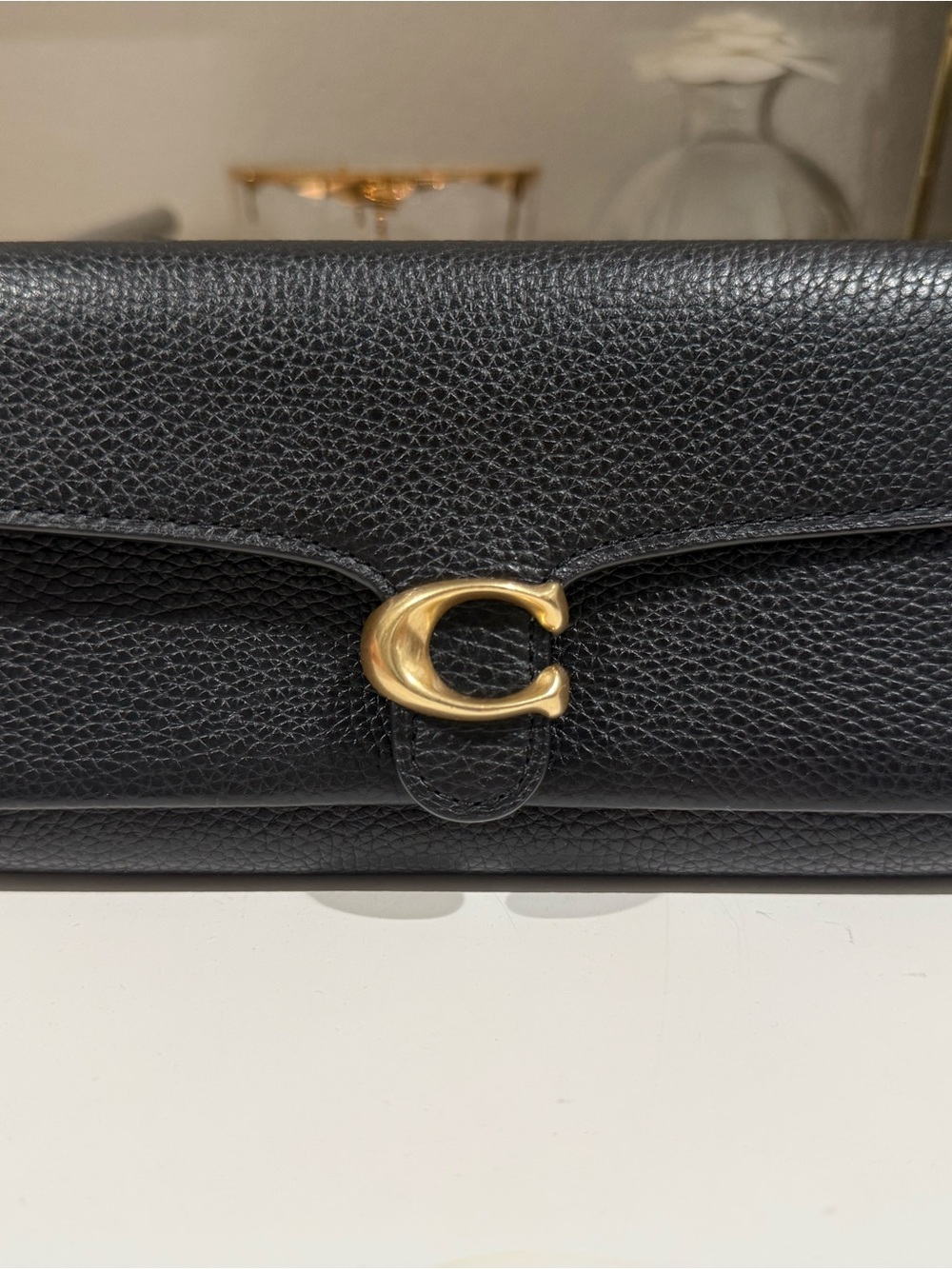Coach Black Pebbled Leather Continental Wallet with Gold 'C' Accent